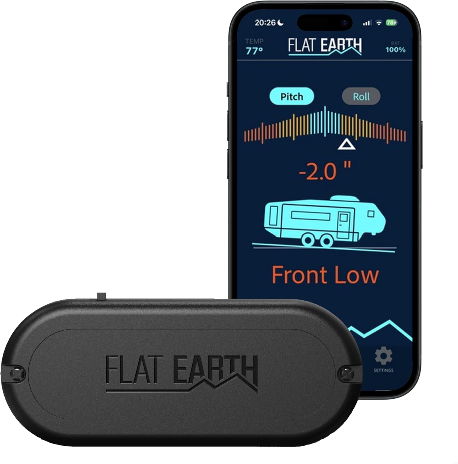 Flat Earth Bluetooth leveling sensor and companion app showing pitch and roll readings for RV leveling